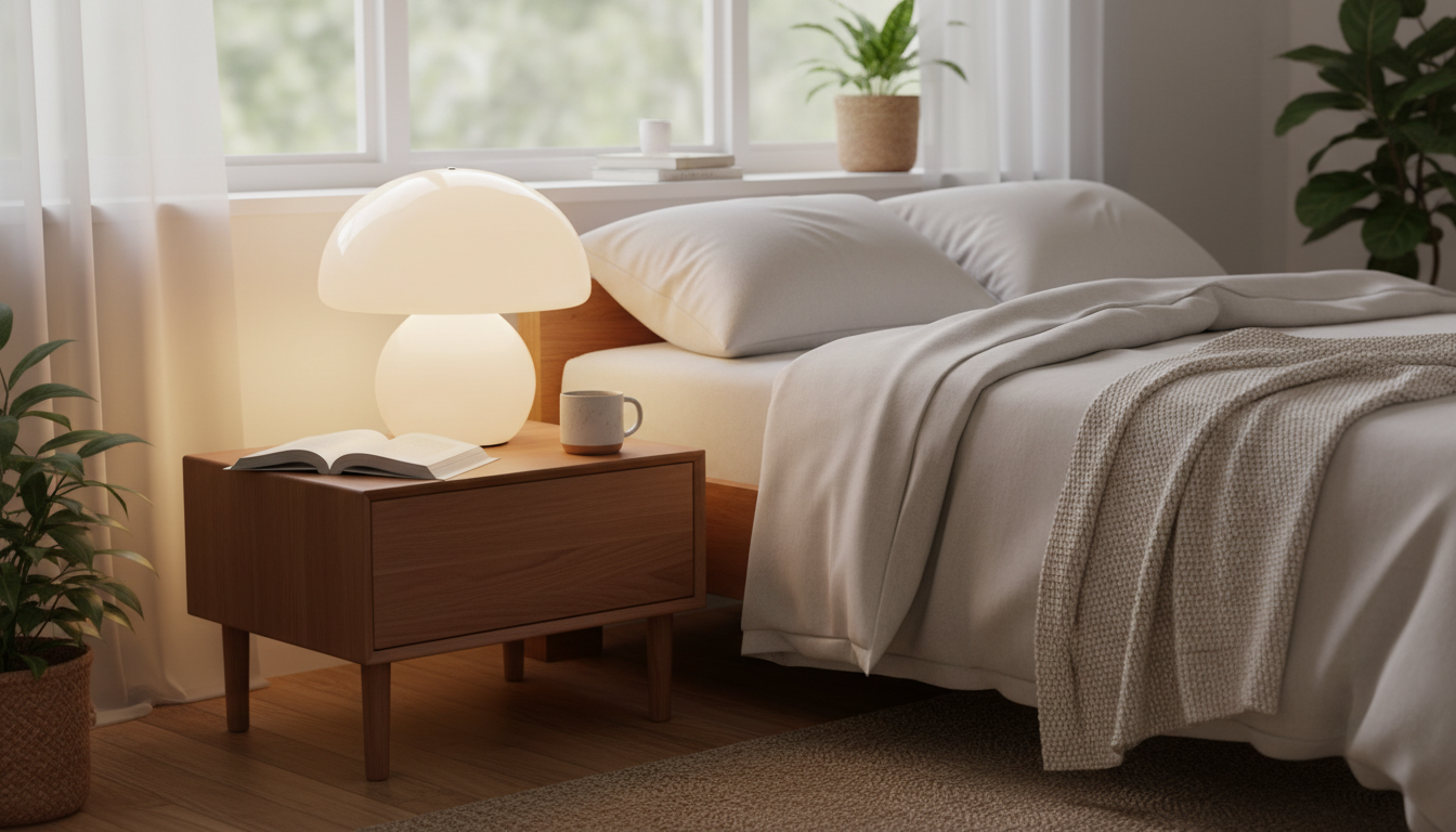 Une lampe champignon blanche opaline éclaire doucement un coin lecture confortable.