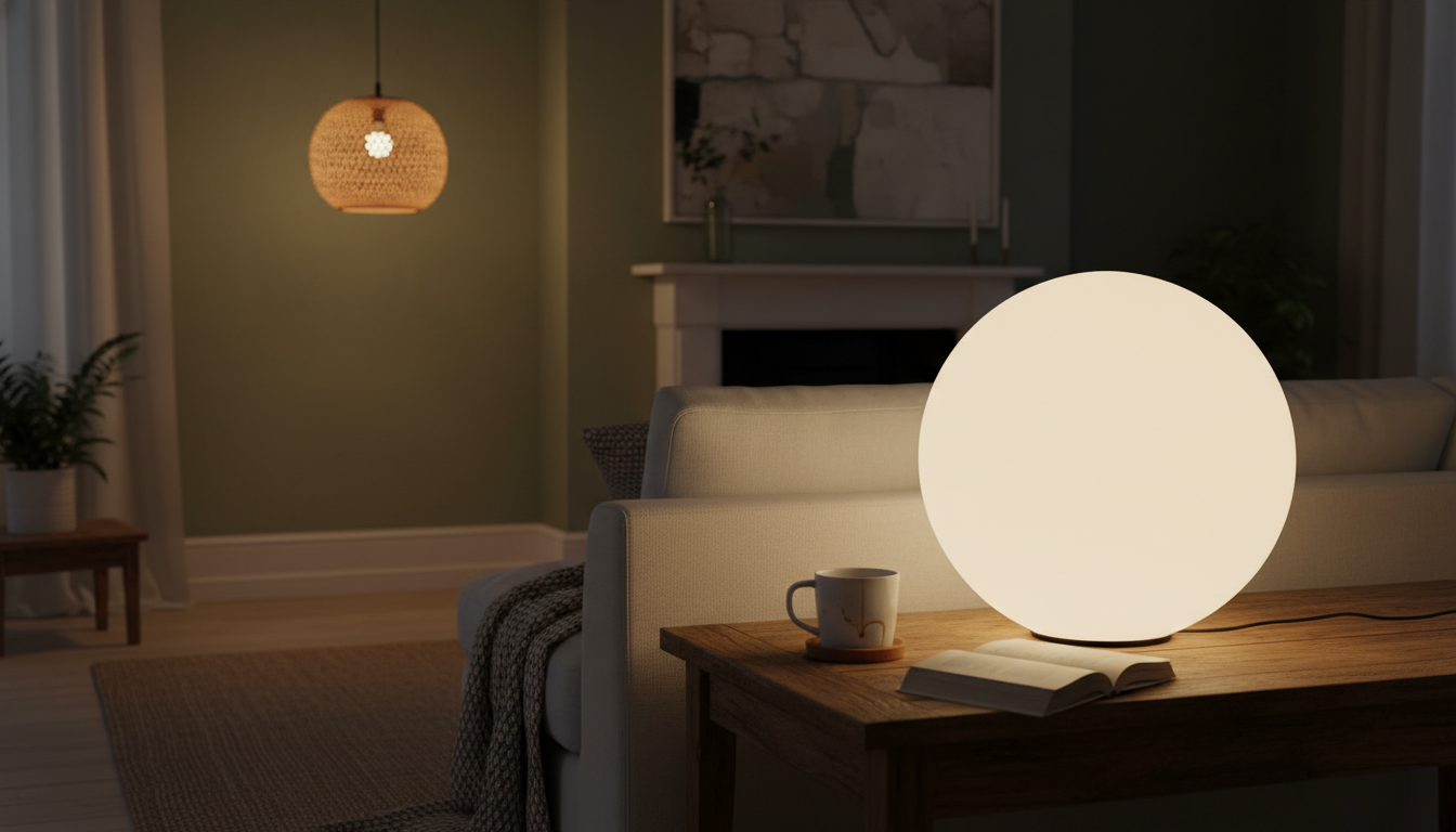 Une Lampe Boule de 30 cm illumine un salon moderne, créant une ambiance chaleureuse et accueillante.