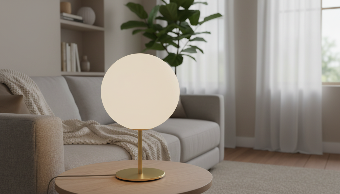 Lampe Boule de 50 cm, élégamment posée sur une table en bois, ajoutant une touche contemporaine à la décoration.