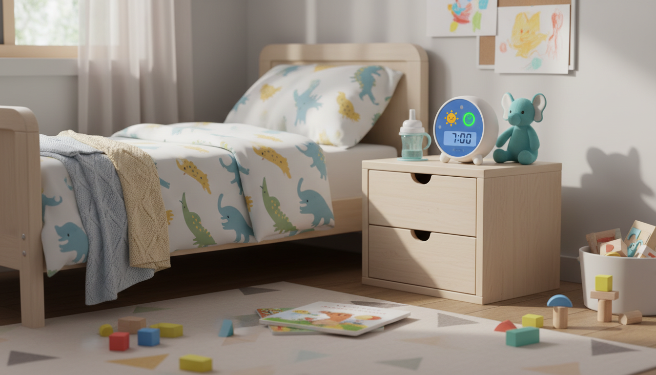 Enfant heureux découvrant son réveil éducatif lumineux au bord de son lit douillet.