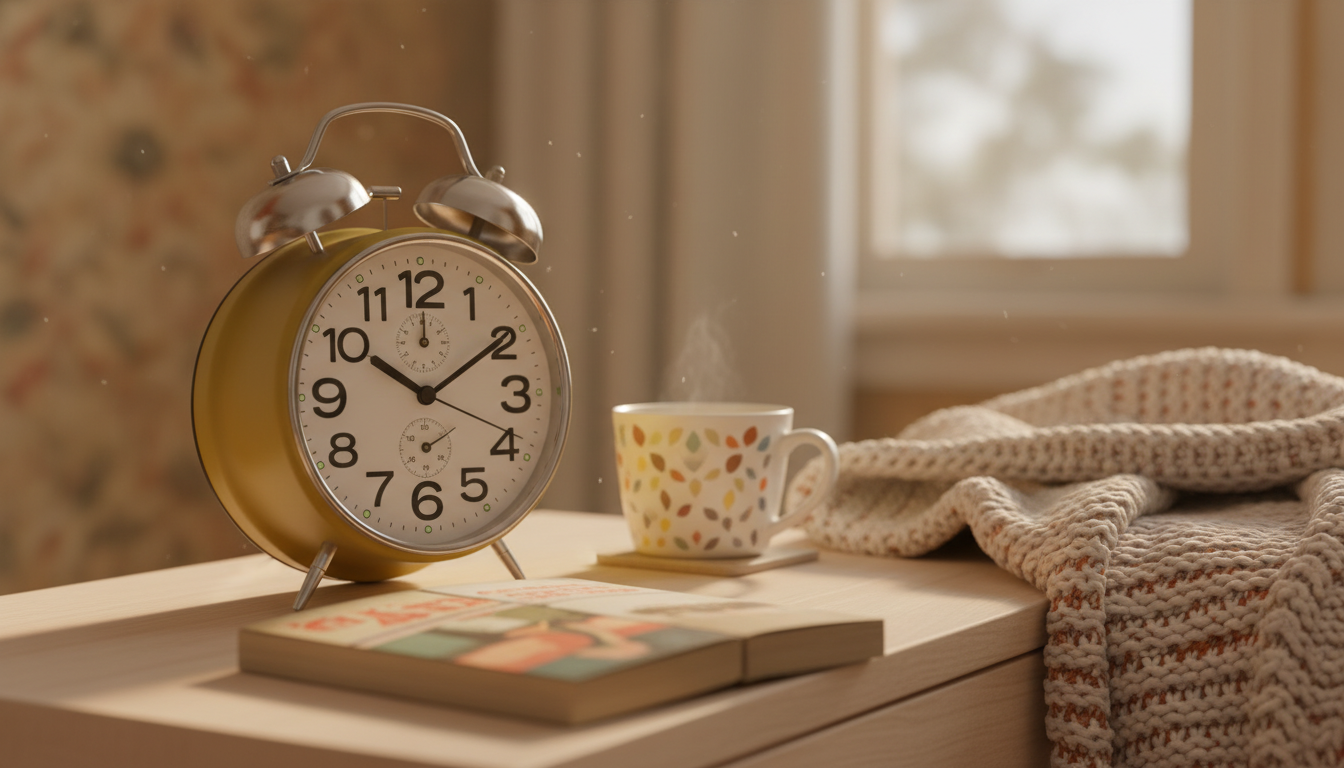 Réveil vintage en chrome lumineux, posé sur une table de chevet en bois naturel.