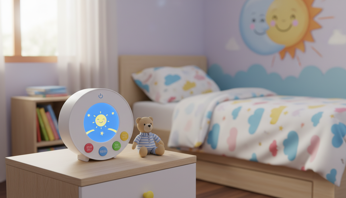 Réveil éducatif élégant sur une étagère, entouré de livres et de peluches colorées.