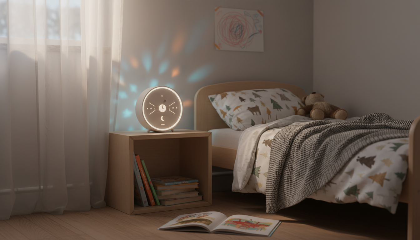 Enfant paisiblement endormi sous la douce lumière pastel d’un réveil veilleuse.