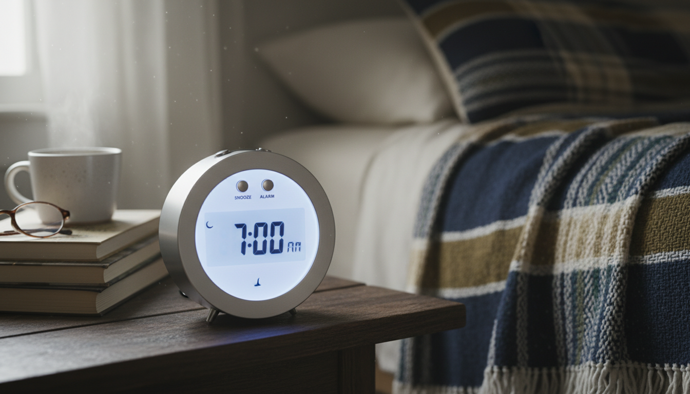 Réveil à pile élégant, entouré de plantes vertes et de livres dans un salon moderne et épuré.