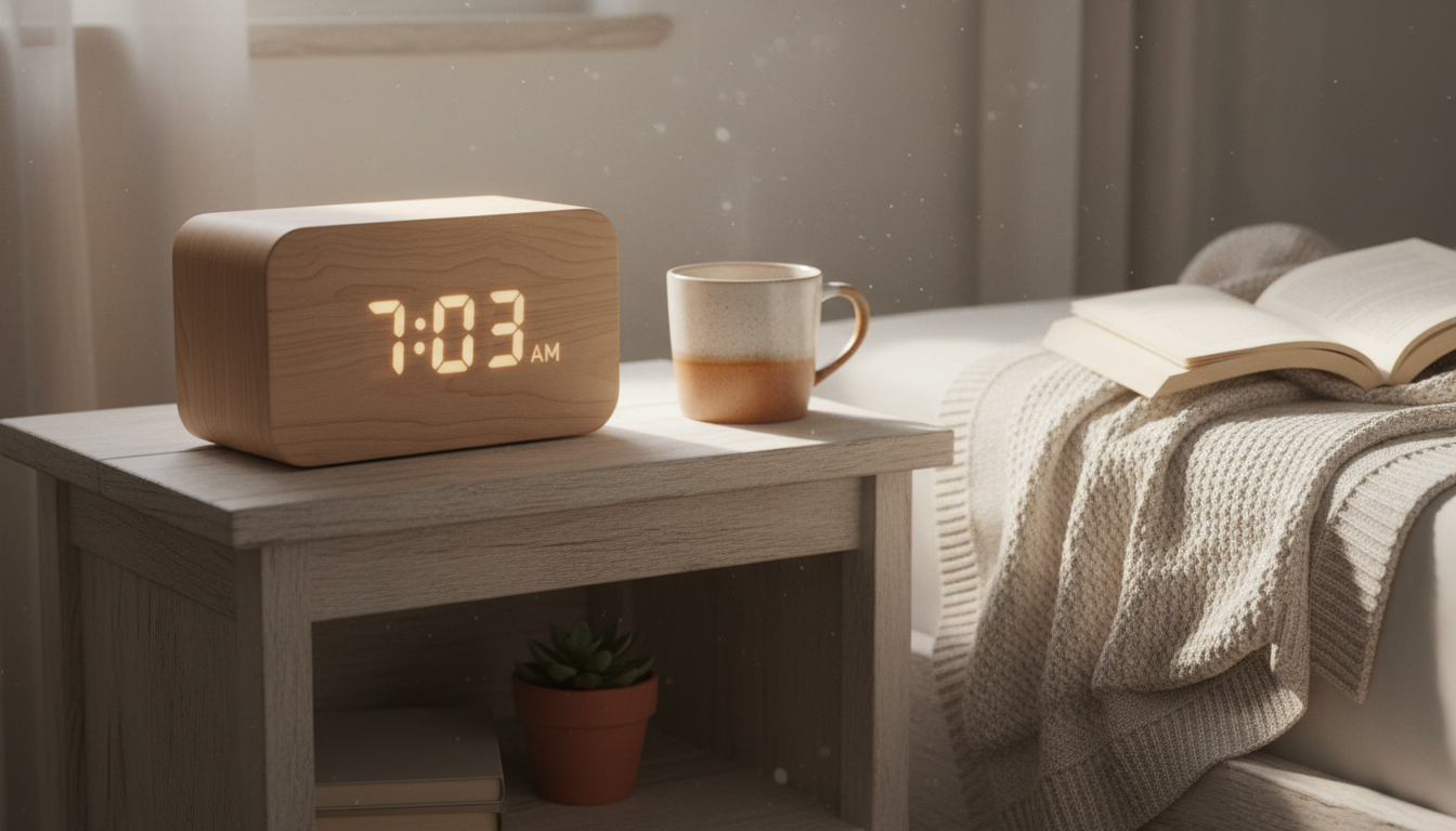 Réveil Bois en chêne clair, illuminant délicatement une table de chevet minimaliste.