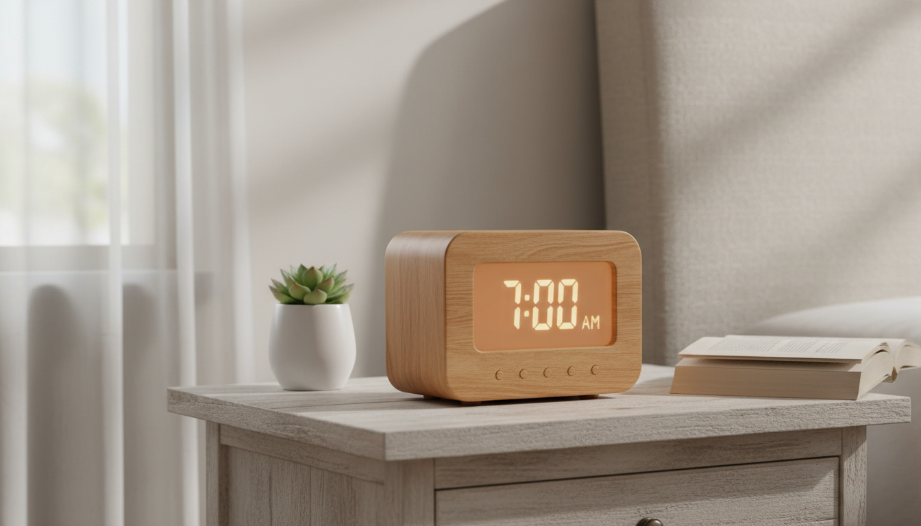 Réveil Bois posé sur un plateau en marbre, entouré de plantes vertes apaisantes.