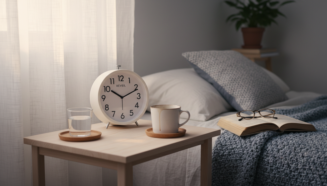 Réveil Simple en bois clair, illuminant doucement une chambre moderne au petit matin.