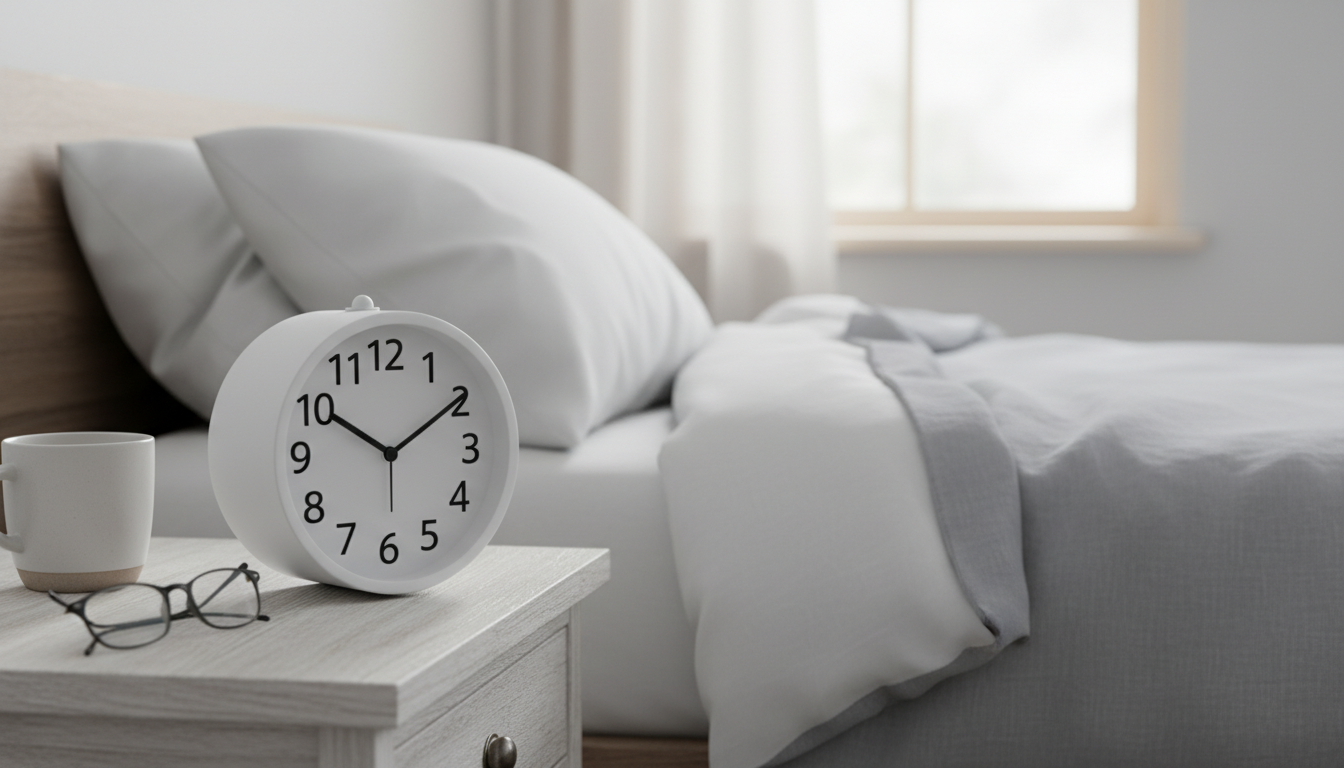 Réveil Simple sur une étagère en marbre, entouré de plantes vertes et d'une bougie.