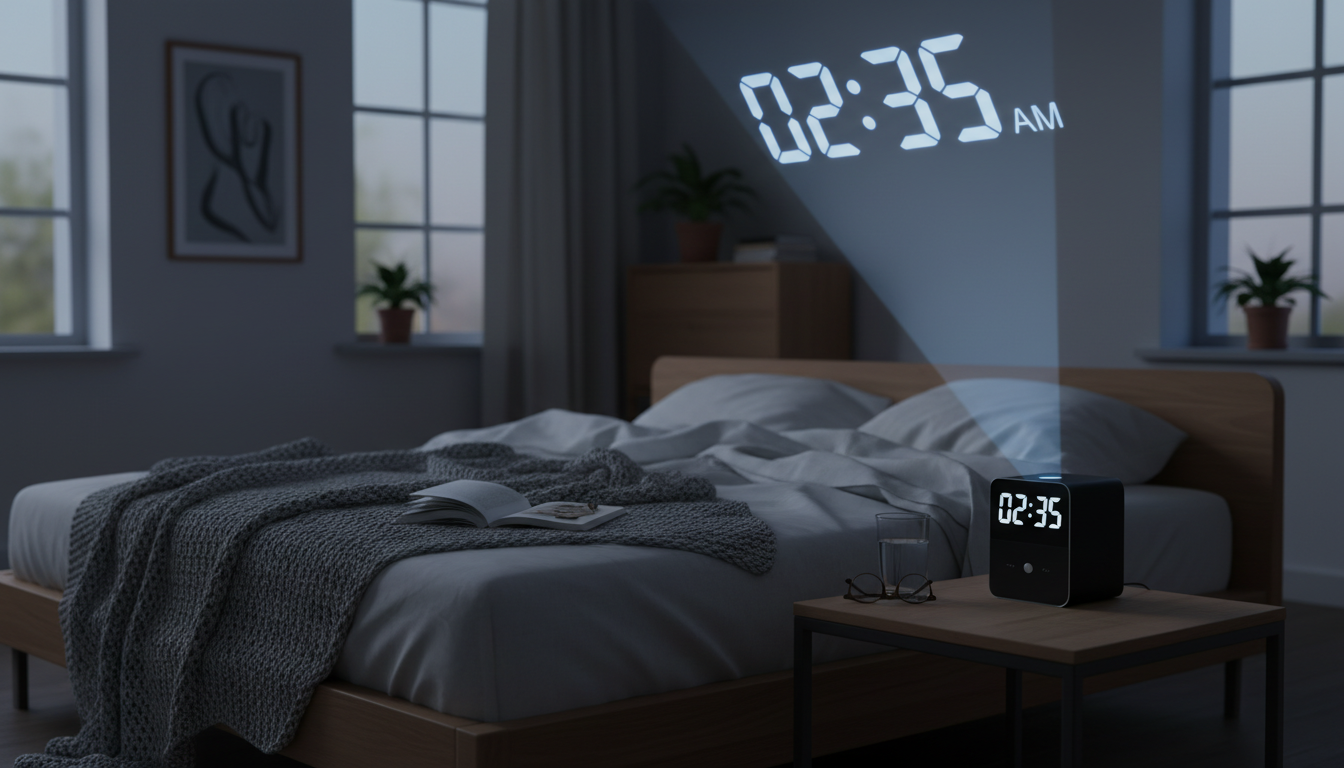 Lumineux et élégant, le Réveil Projecteur diffuse l'heure au plafond dans une chambre moderne.