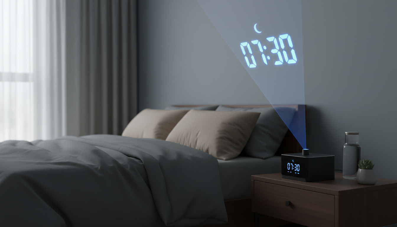 Mise en scène harmonieuse, le Réveil Projecteur trône sur une table en bois clair, entouré de plantes vertes.