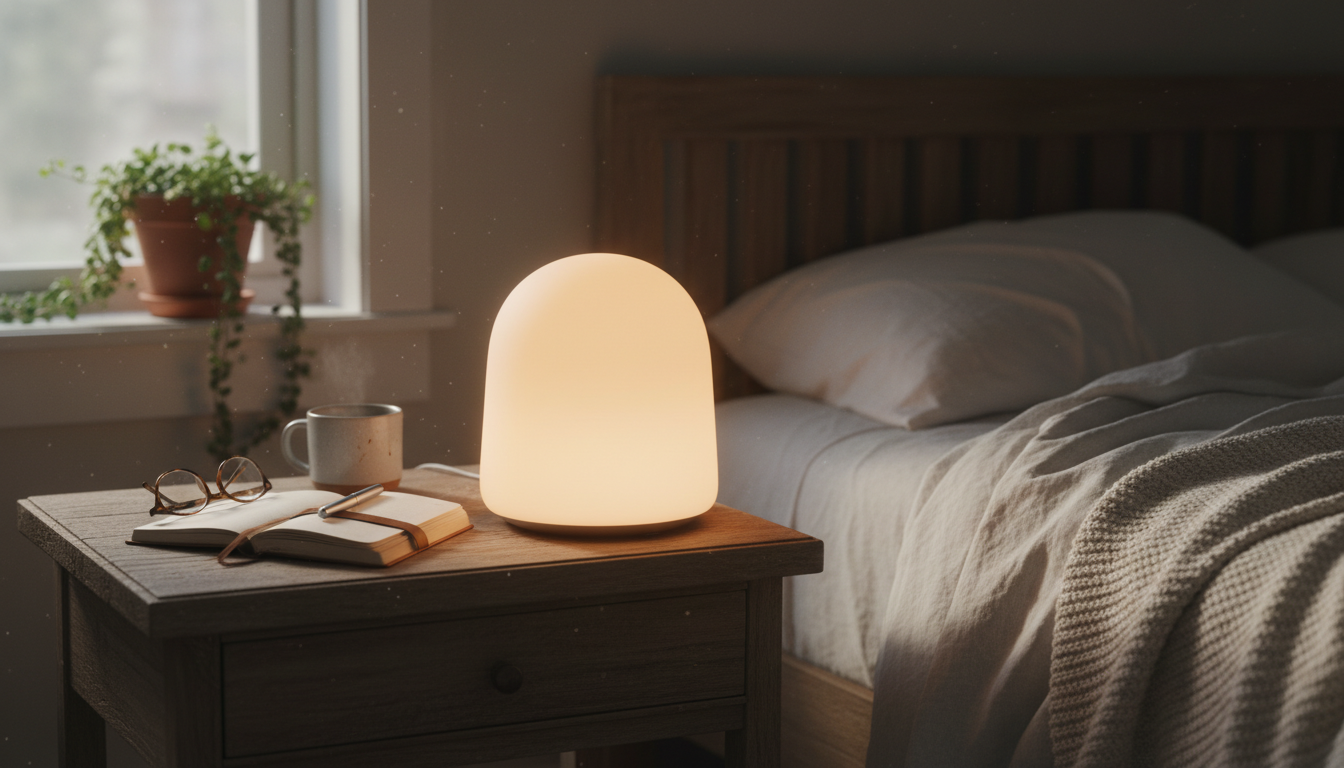 Douce lumière dorée émergeant d'une table de chevet en bois naturel au petit matin.