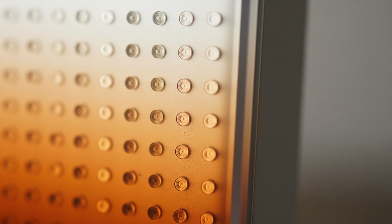 Texture de la surface douce et mate, boutons en métal brossé et affichage lumineux subtil.