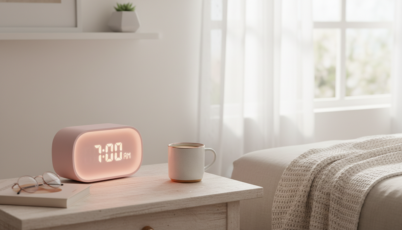 Réveil rose pastel sur table en bois, créant une ambiance douce au réveil.
