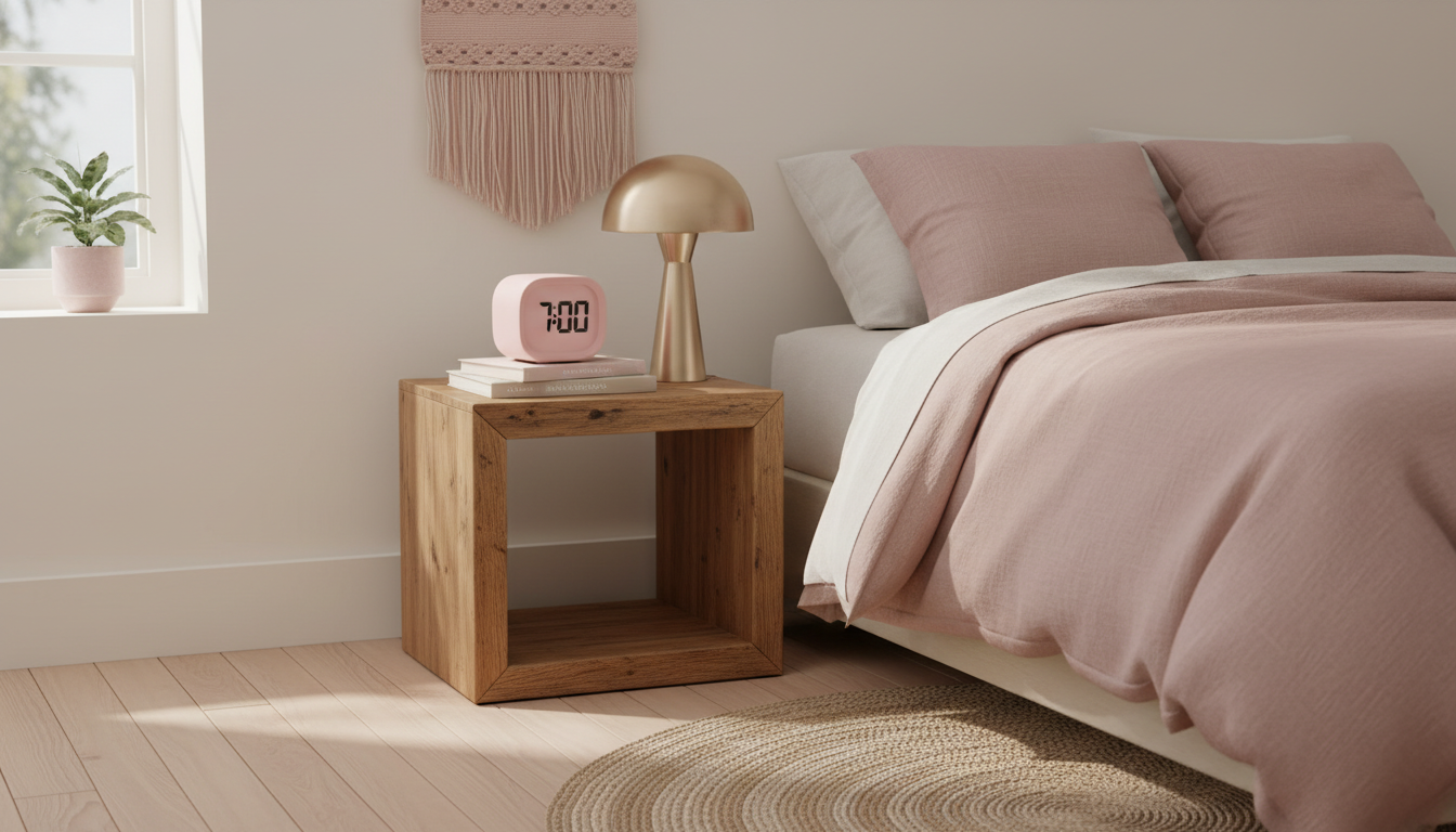 Réveil rose gold sur une étagère minimaliste, accompagné de plantes vertes apaisantes.