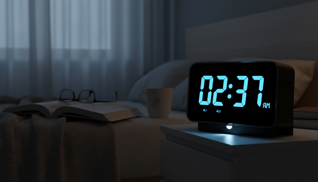 Réveil numérique LED blanc, éclairant doucement une chambre moderne aux teintes pastel.