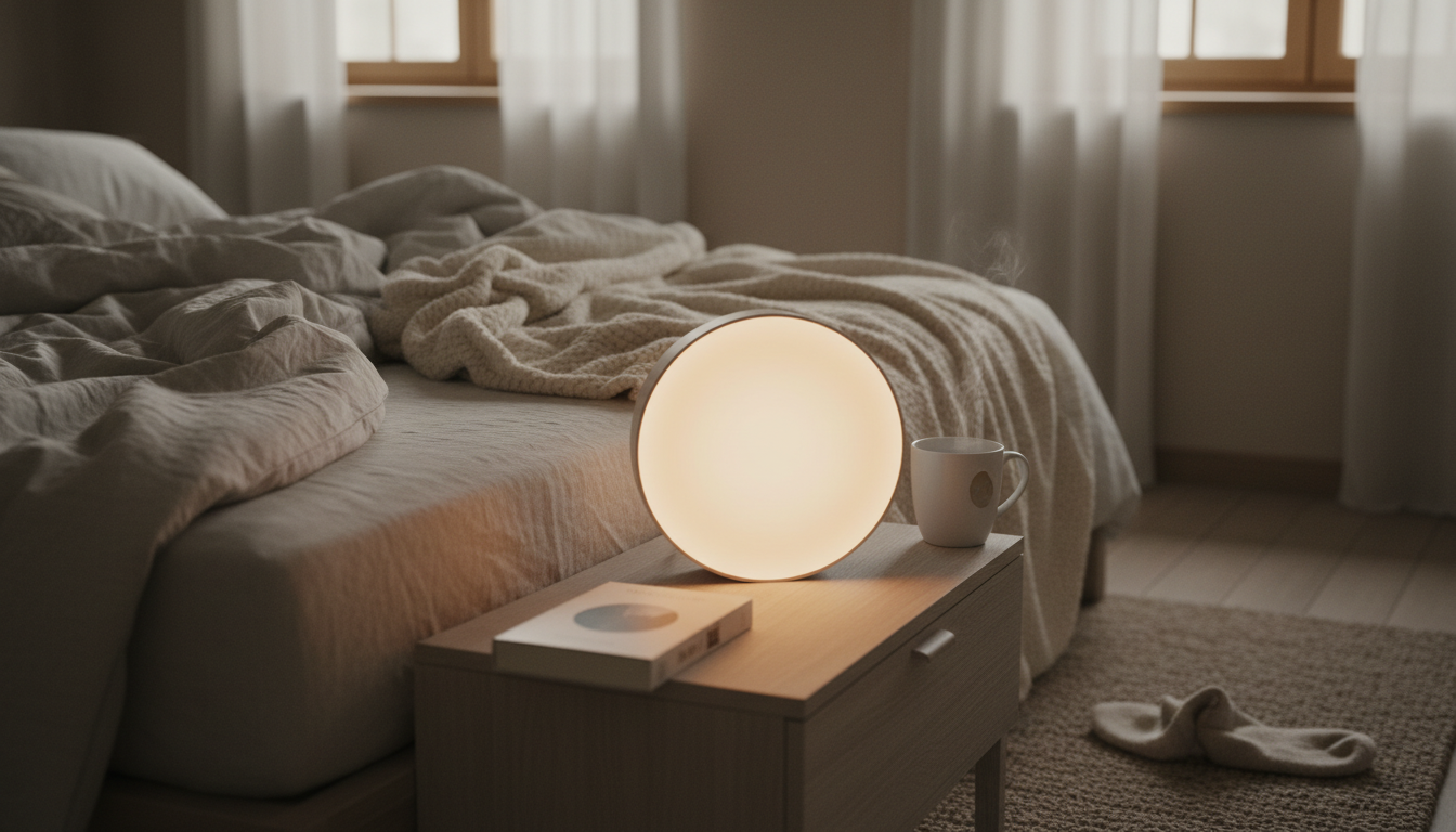 Réveil Lumière sur une table de chevet, illuminant doucement une chambre aux teintes pastel.