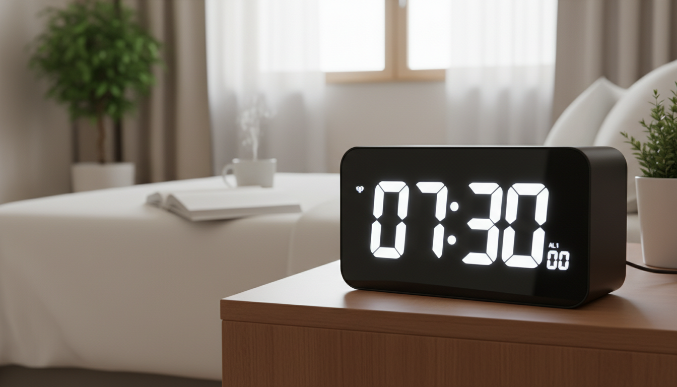 Réveil numérique design sur une table en bois, accompagné d'un livre et d'une plante verte.