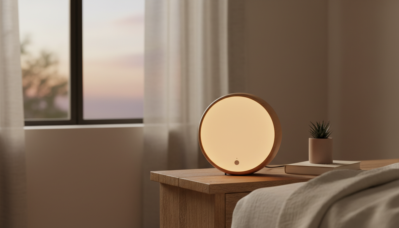 Éclairage d’ambiance avec le Réveil Lumière entouré de plantes vertes et de livres élégants.