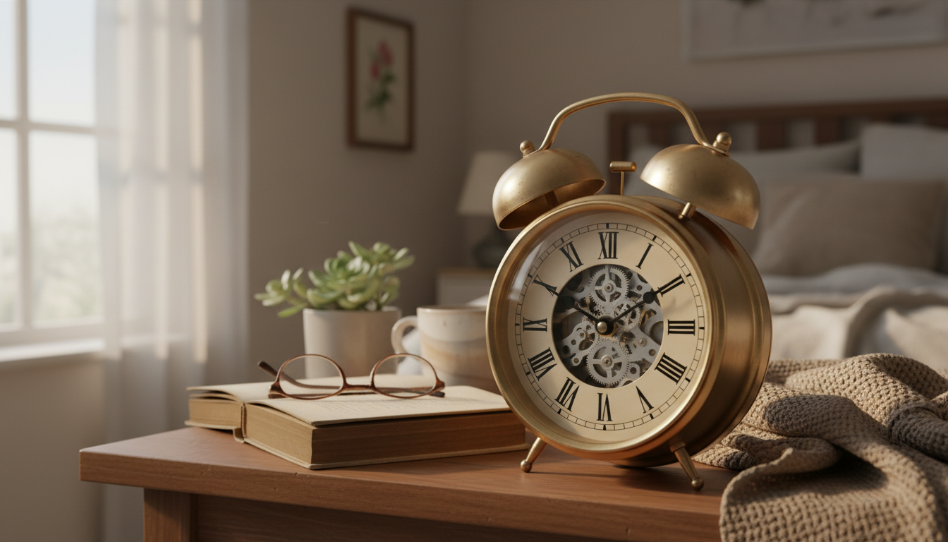 Réveil en métal noir sur une table de chevet en bois, lumière douce du matin.