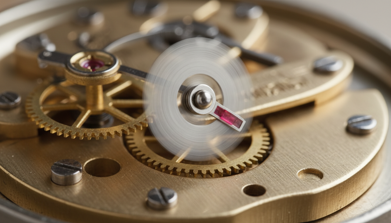 Cadran blanc avec chiffres dorés, aiguilles délicates en laiton poli, texture métallique brillante.