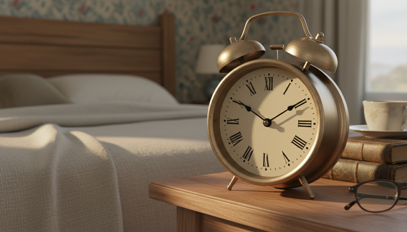 Réveil vintage posé sur un livre ancien, plantes vertes en arrière-plan ajoutant une touche naturelle.