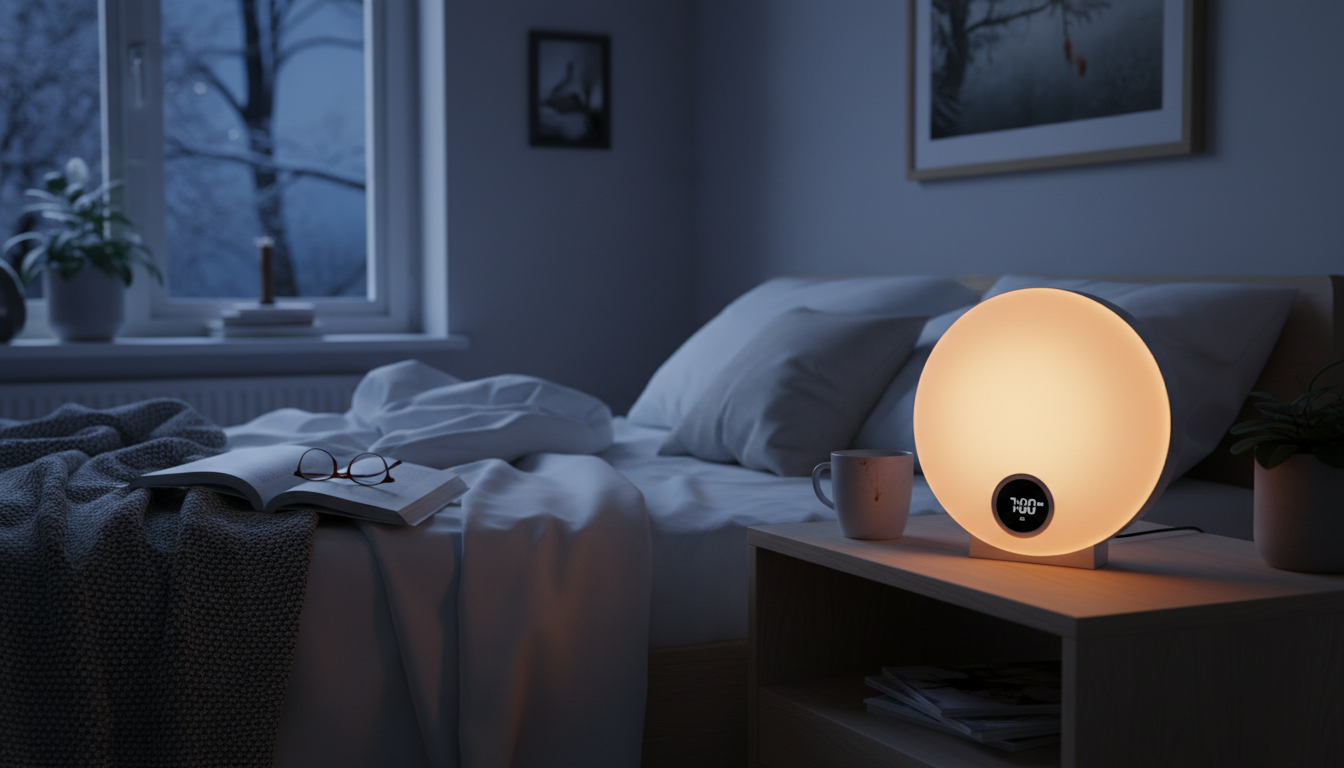 Réveil lumineux sur table de chevet en bois, illuminant subtilement une chambre paisible.