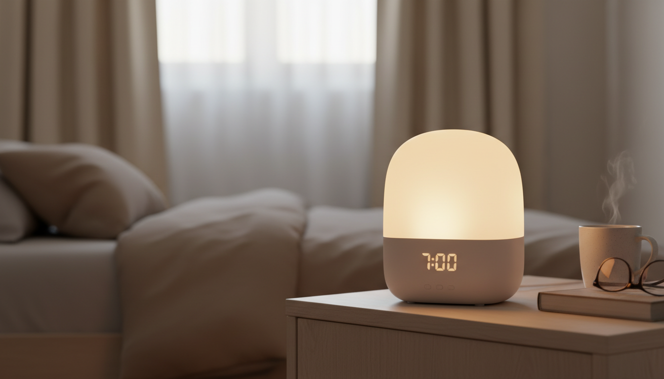 Réveil lumineux sur étagère élégante, entouré de plantes vertes et de livres colorés.