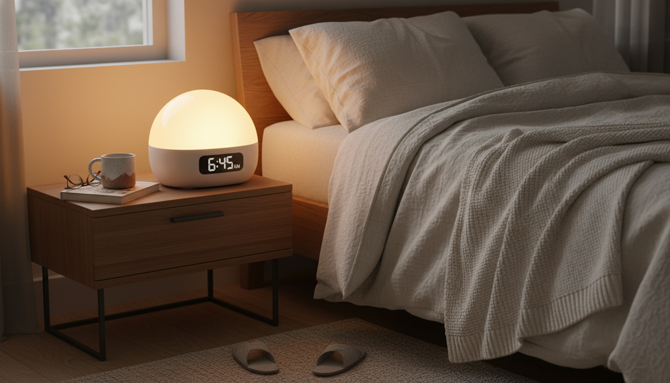 Réveil Luminothérapie sur une table de chevet en bois naturel, illuminant doucement la chambre.