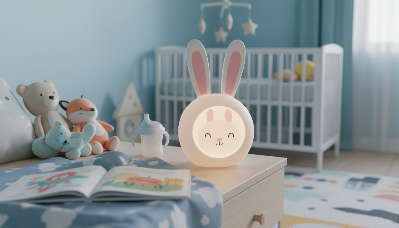 Lapin lumineux veillant sur un lit douillet, créant une ambiance apaisante pour les enfants.