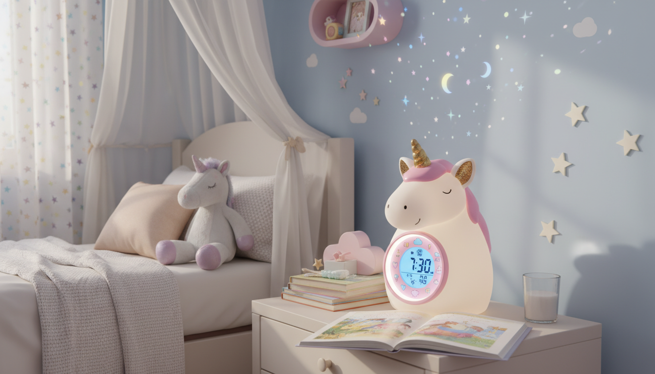 Enfant souriant dans sa chambre pastel, réveil licorne illuminé sur la table de nuit.