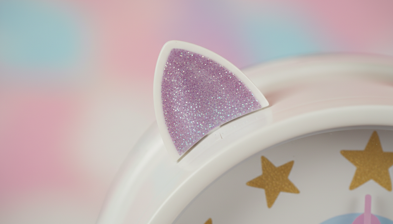 Gros plan sur les paillettes scintillantes des oreilles de la licorne, cadran rose doux.