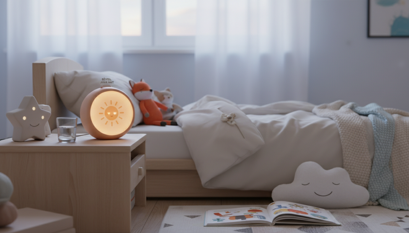 Réveil lumineux sur une table de nuit en bois, émettant une douce lumière jaune.