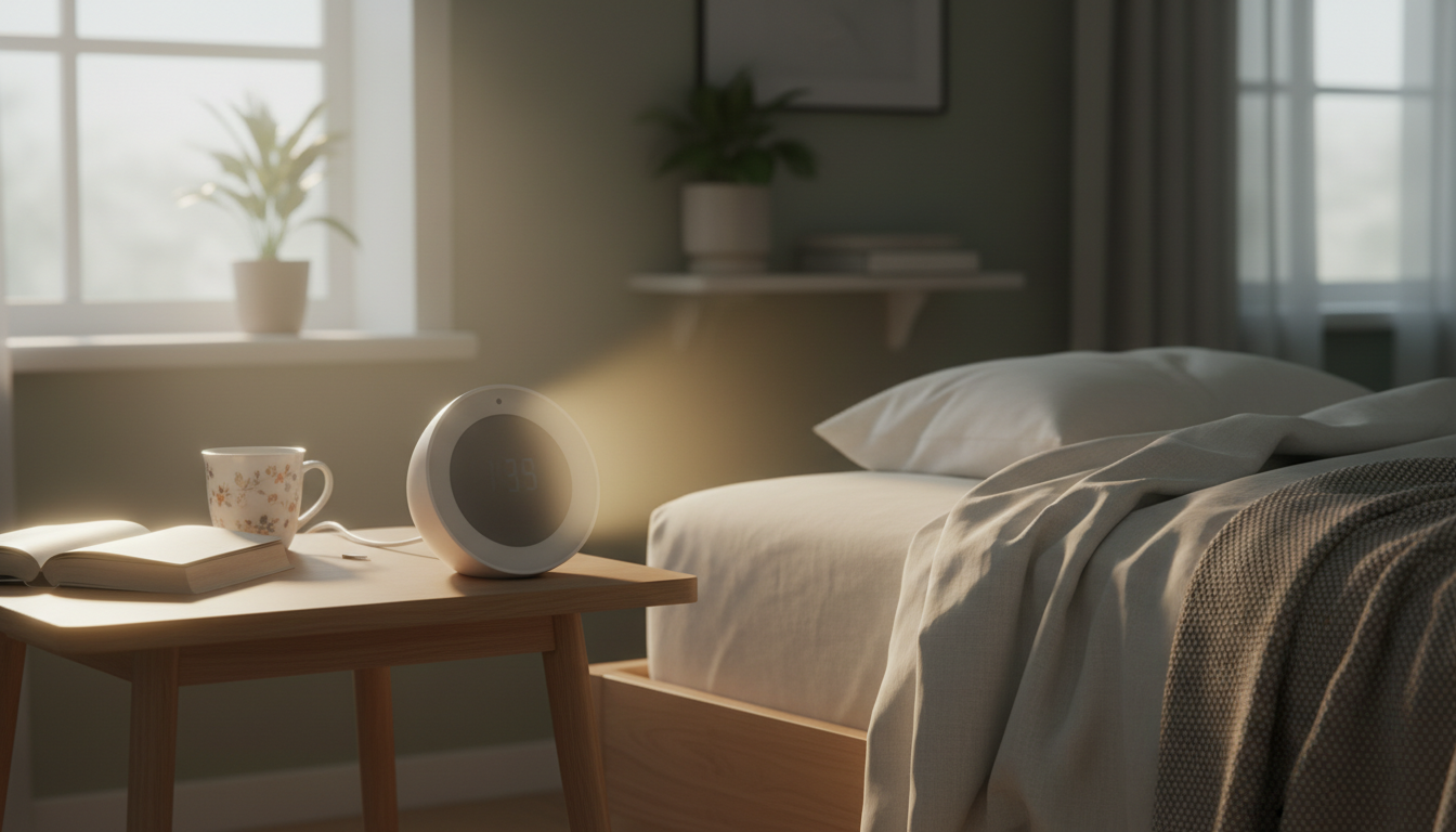 Réveil intelligent sur table de chevet en bois clair, illuminant doucement une chambre moderne.