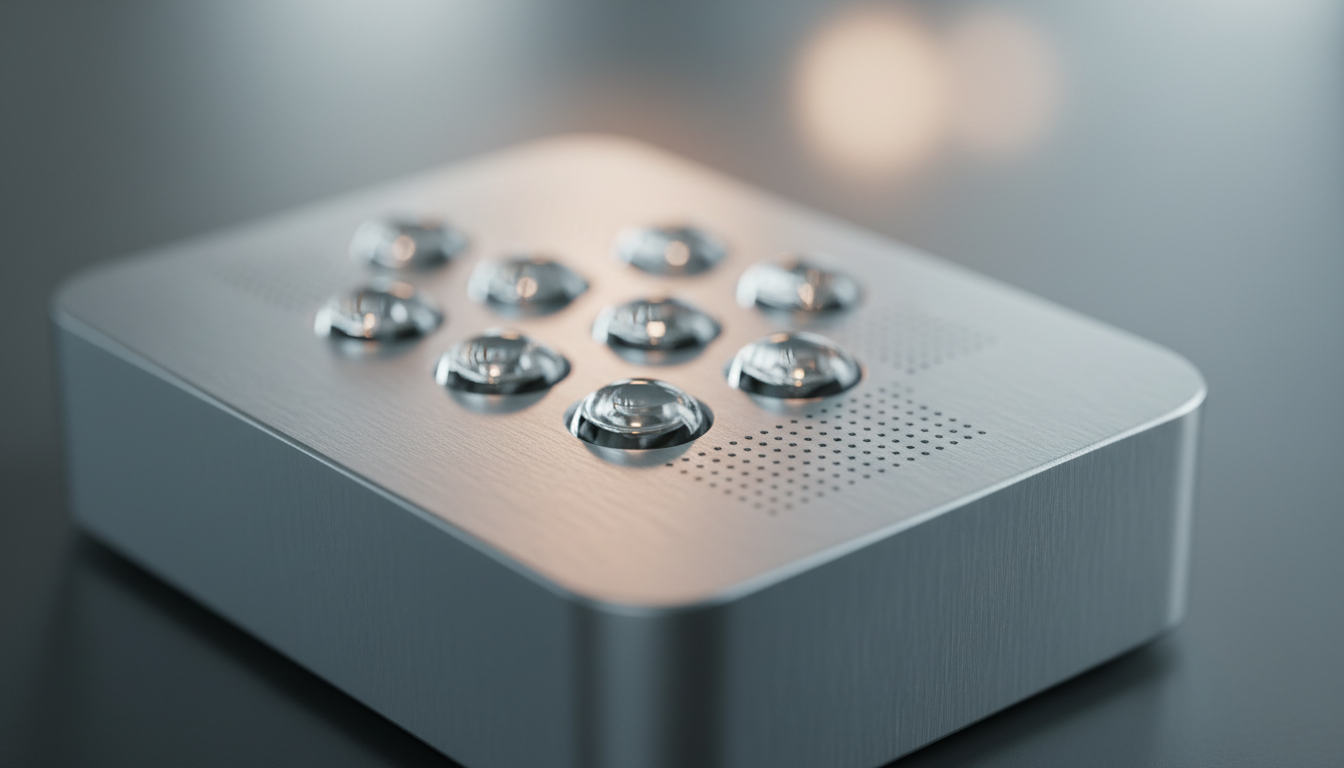 Surface lisse en silicone tactile, affichage LED minimaliste en blanc, boutons ergonomiques.