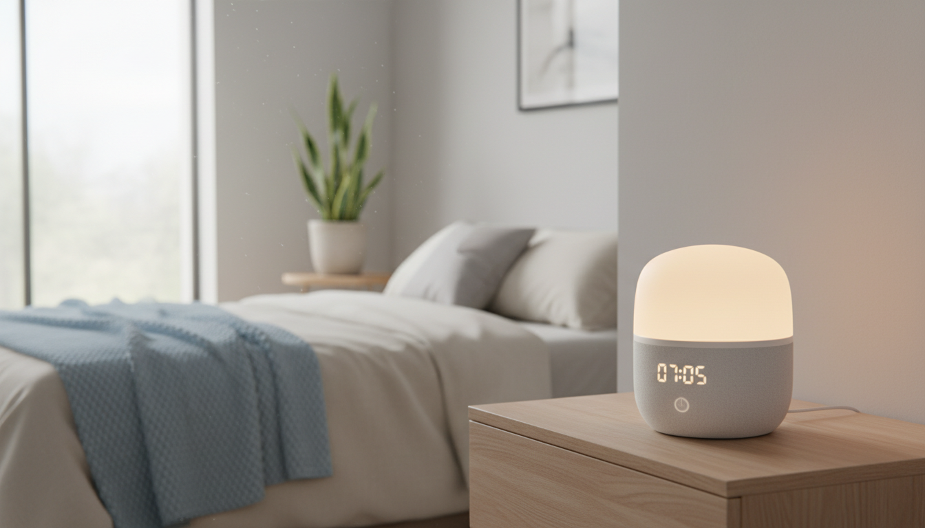 Réveil intelligent entouré de plantes vertes et d'un livre, ajoutant une touche de sérénité à l'intérieur.