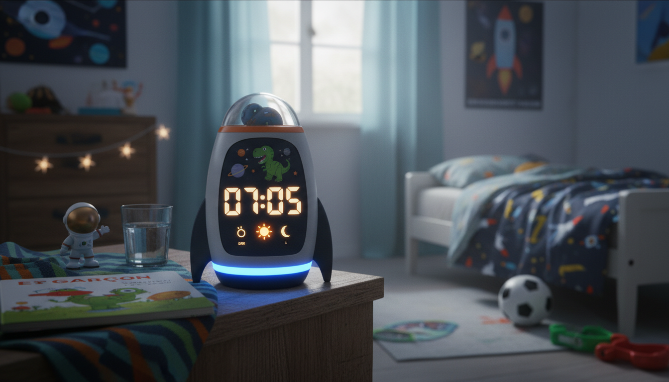 Un réveil lumineux en forme de dinosaure veille sur un lit coloré, prêt à égayer le matin.