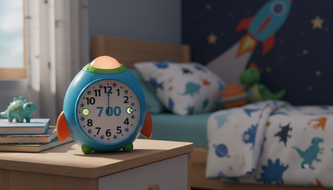 Réveil en bois brut aux accents sportifs, harmonieusement intégré dans une chambre d'aventure.