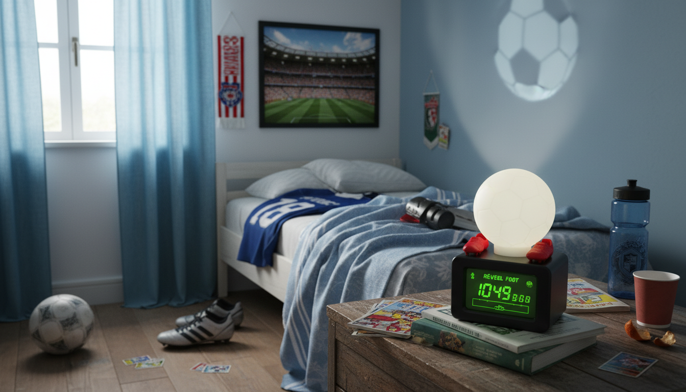 Jeune footballeur se levant avec enthousiasme, son réveil lumineux forme de ballon au chevet.