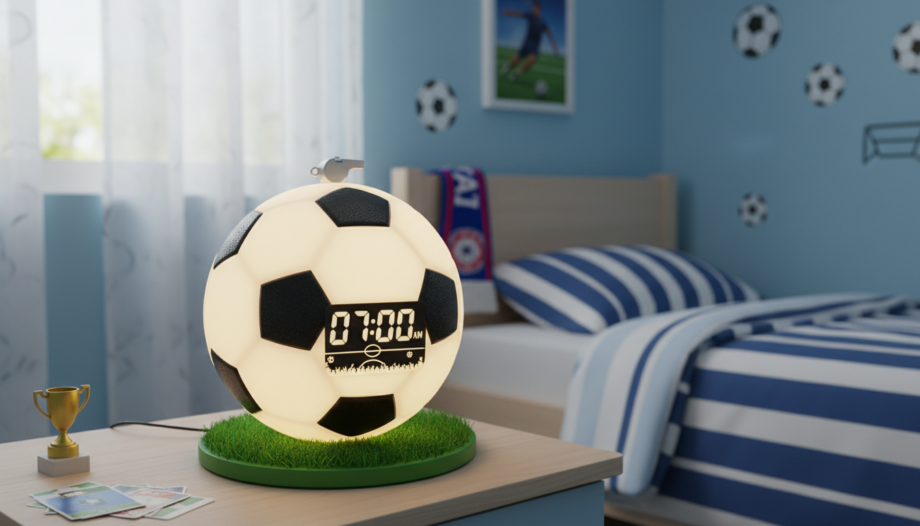 Réveil Foot posé sur une étagère décorée de maillots vintage et de mini-ballon, ambiance sportive.