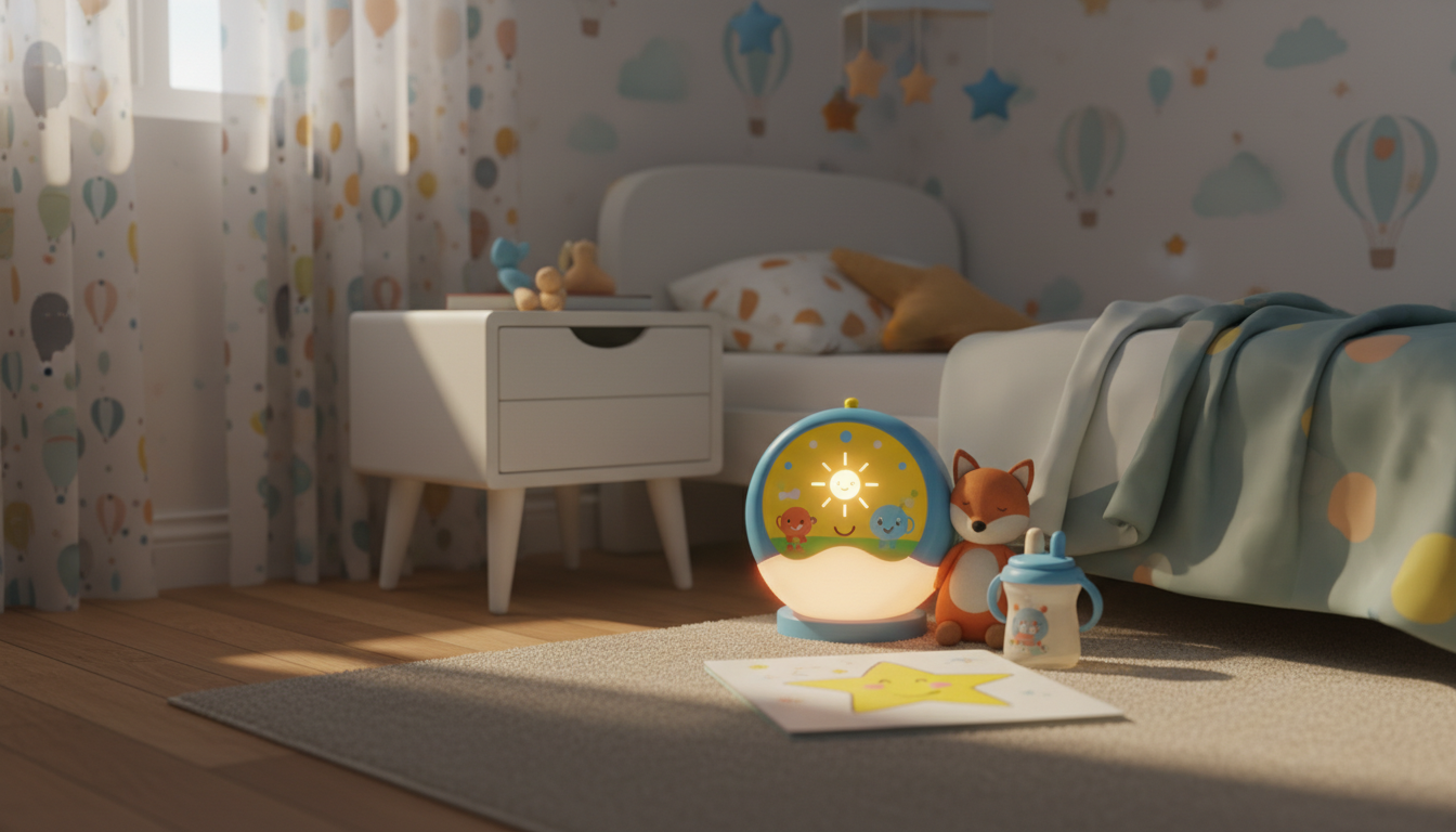 Enfant heureux, tenant le réveil bleu pastel, illuminé doucement dans sa chambre.