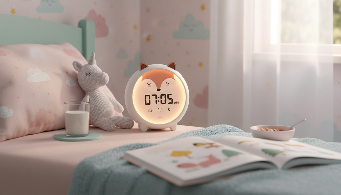 Réveil rose pastel illuminant une chambre douce, entouré de peluches câlines et livres colorés.