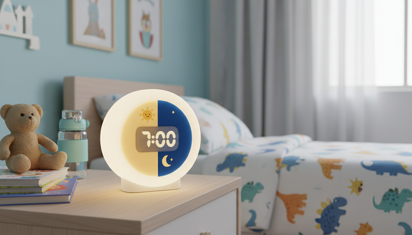 Réveil jaune vif sur une étagère en bois, entouré de livres colorés et de peluches.