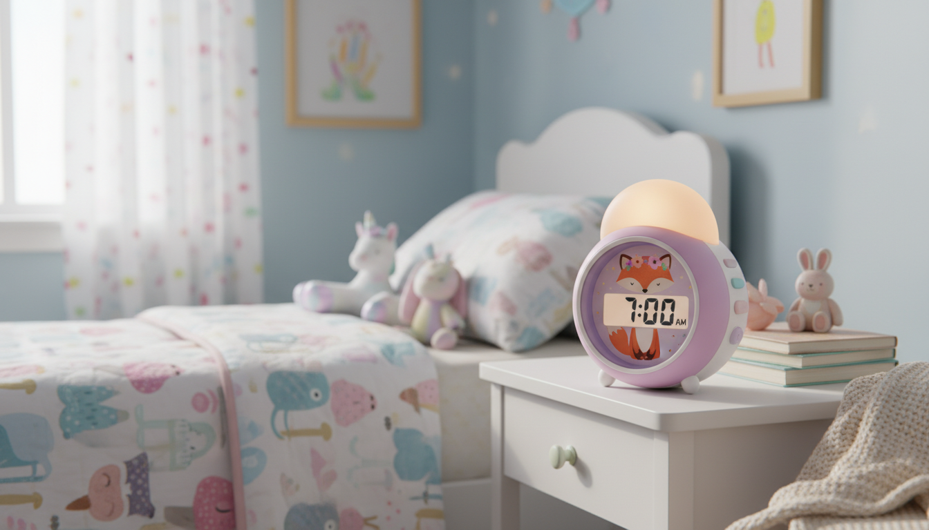 Réveil délicat posé sur une étagère en bois, harmonie de couleurs et fleurs séchées.