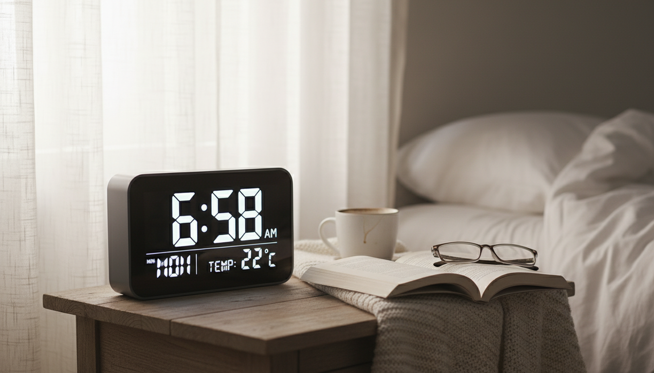 Réveil digital noir mat, affichage LED bleu, sur une table de chevet en bois clair.
