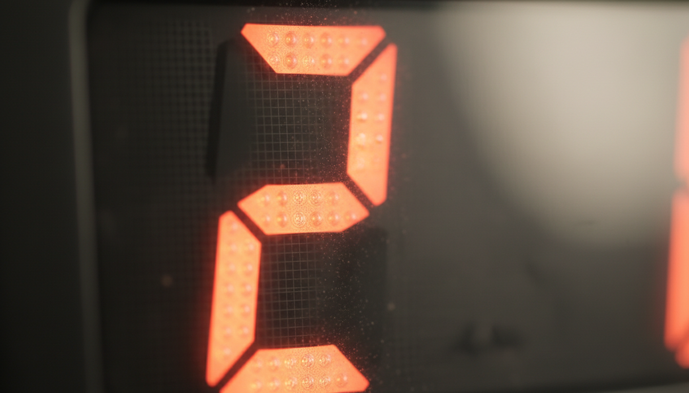 Gros plan sur l'écran LCD lumineux, chiffres en blanc sur fond noir, textures lisses et modernes.