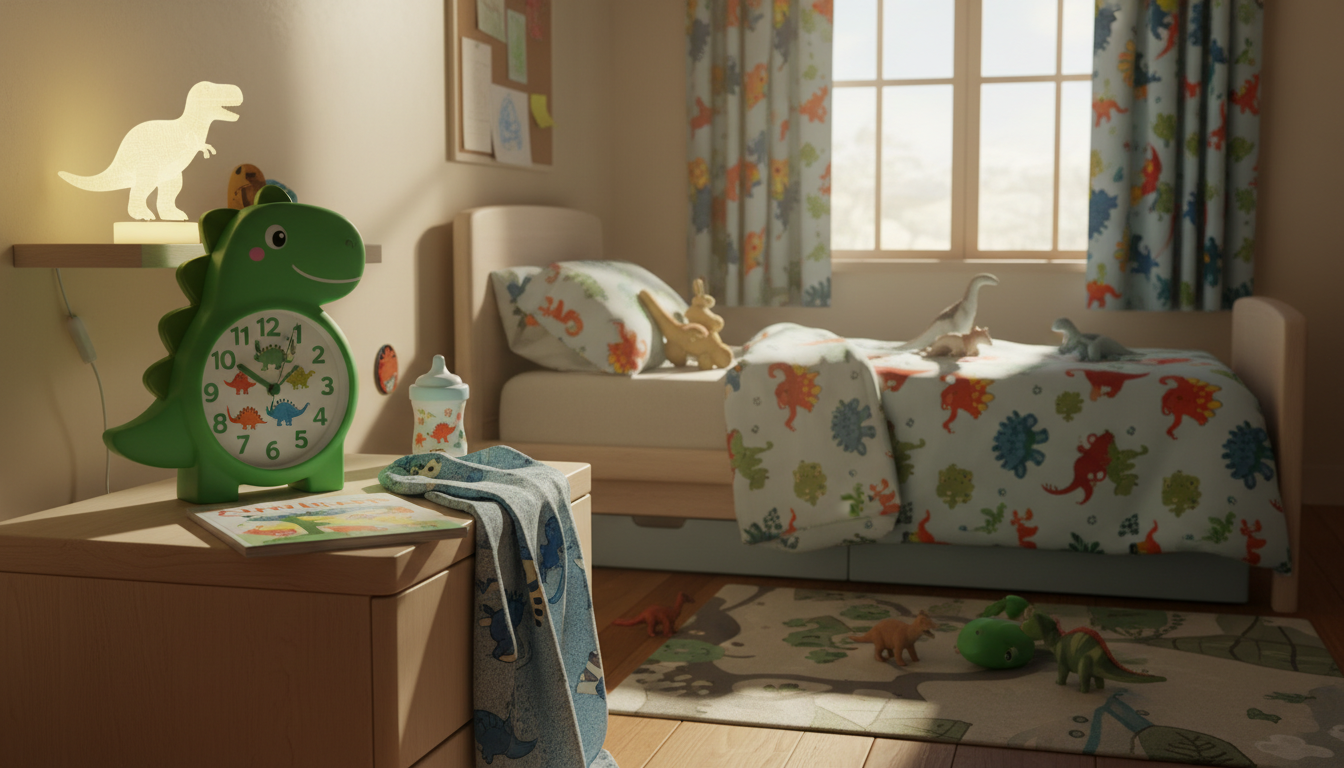 Un enfant souriant joue avec le réveil dinosaure vert émeraude sur sa table de nuit.