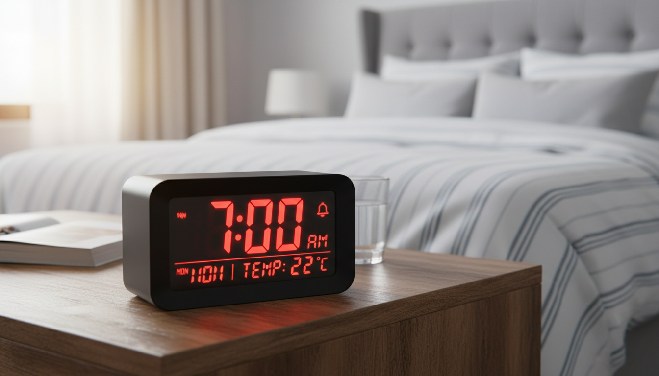 Réveil digital élégant, entouré de plantes vertes et d'un livre, créant une atmosphère apaisante.