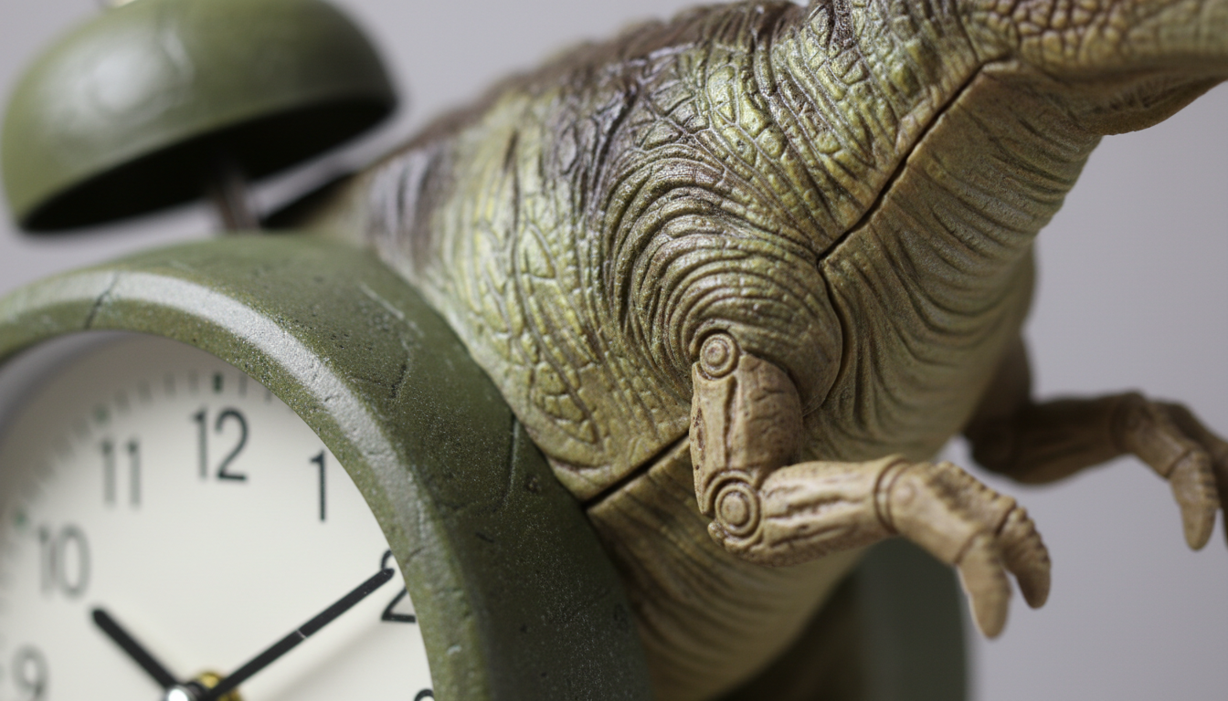 Zoom sur les écailles texturées et l’aiguille dorée du réveil dinosaure en plastique.