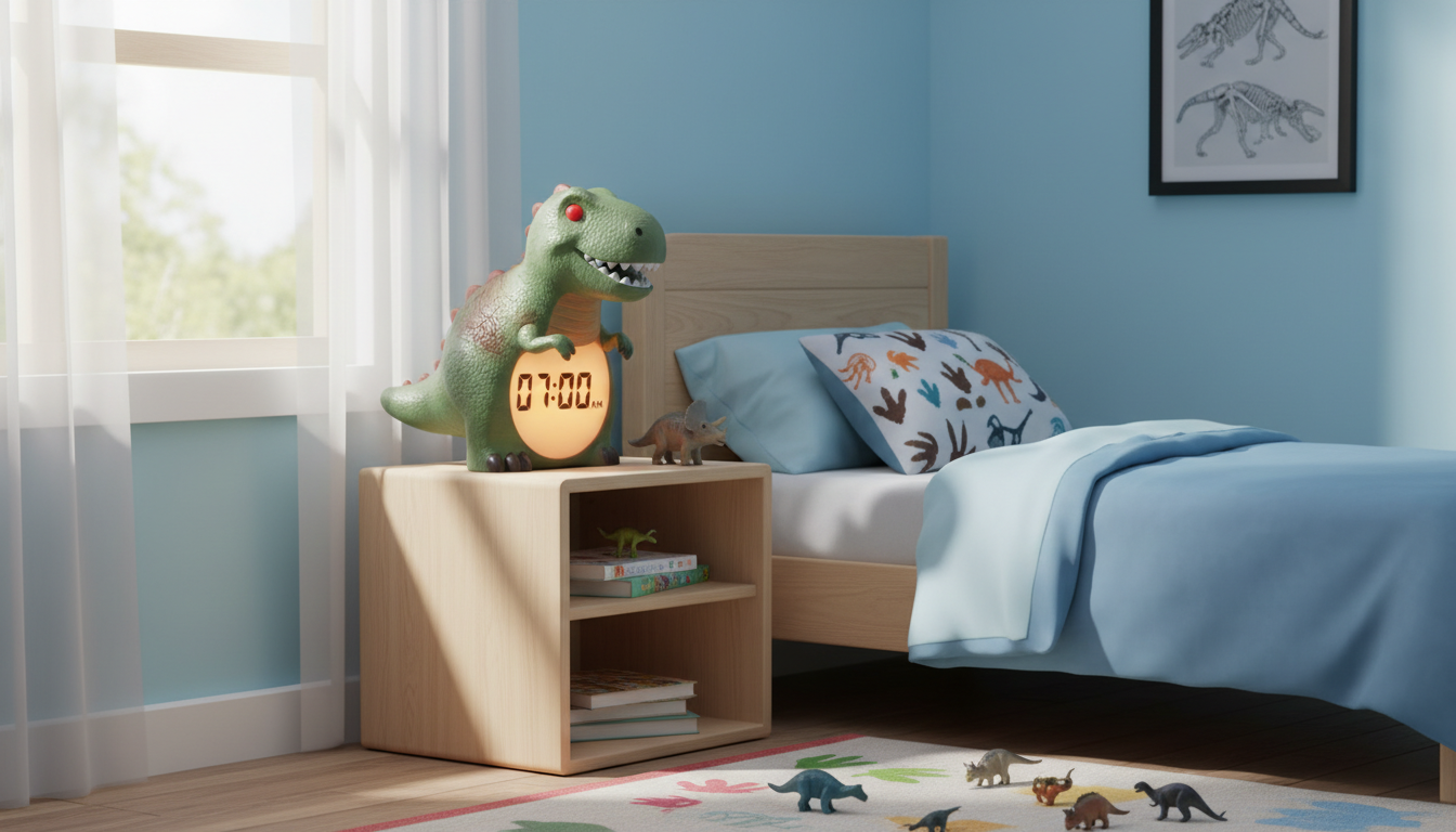 Le réveil dinosaure trône au milieu de peluches colorées sur une étagère ludique.