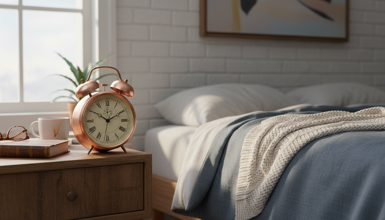 Réveil analogique vintage en métal noir, posé sur une table en bois clair, apporte une touche rétro.